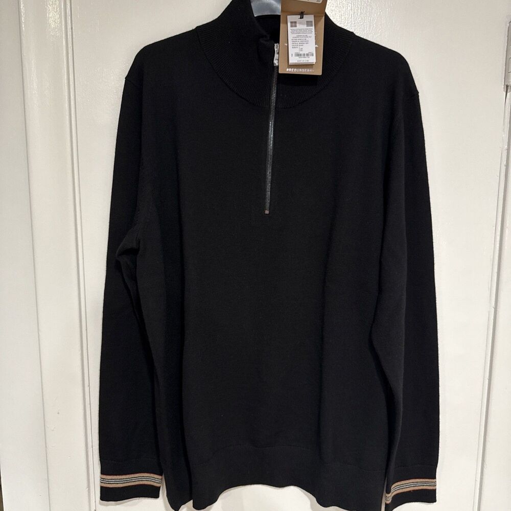 BURBERRY LONDON Sweater Men 1/4 Zip 100 % Wool Size L Black NWT $800